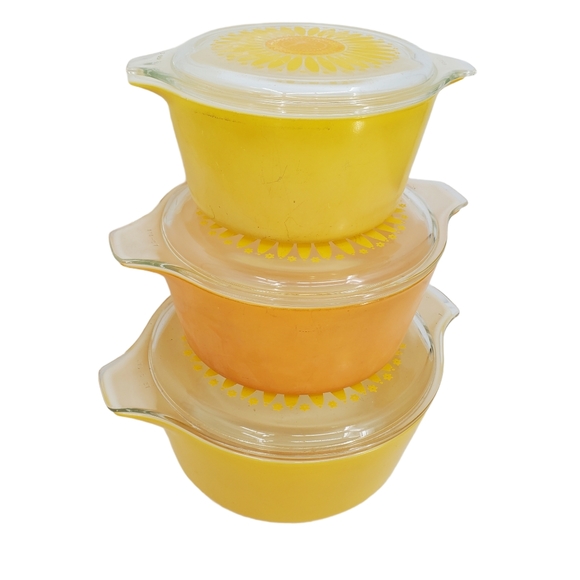 Pyrex Other - Set Of 3 Vintage Pyrex Casserole Fishes With Lids Sunflower Daisy Flower Yellow